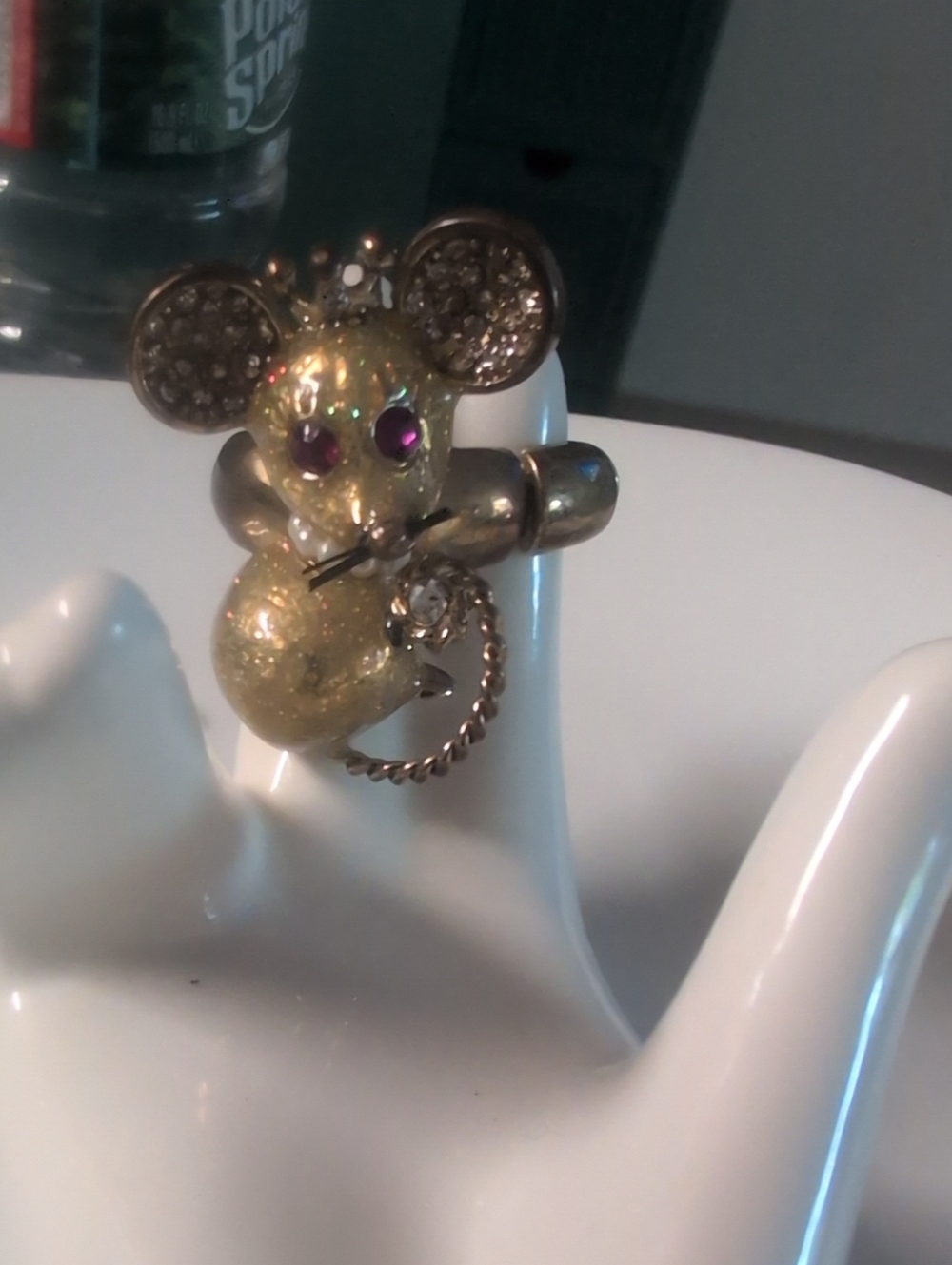 Betsy Johnson Stretch Gold-tone Mouse Ring with Rhinestone Accents and Pink Eyes